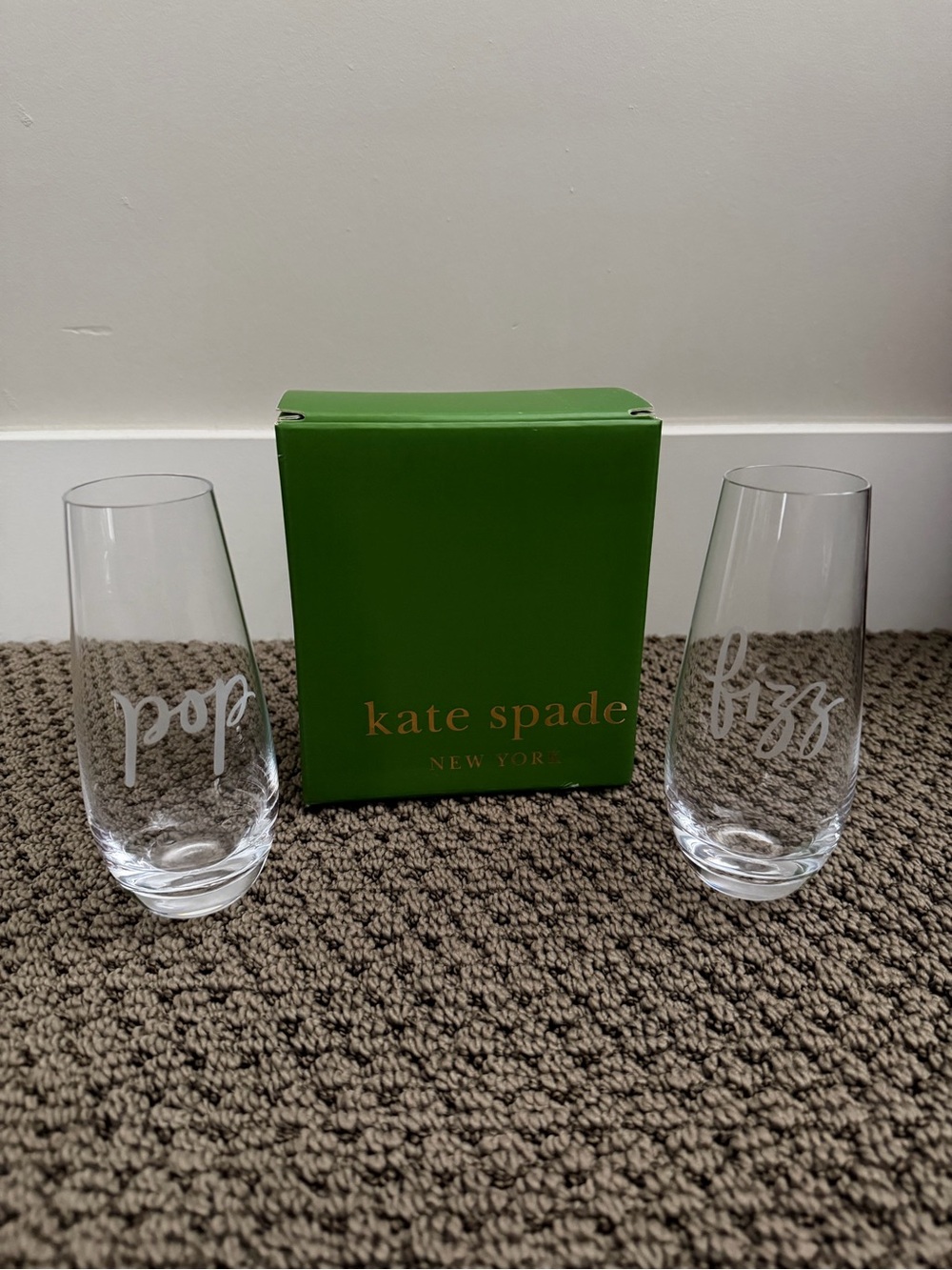 kate spade Clear Stemless Flute Glasses with Green Gift Box - 'pop' & 'fizz'